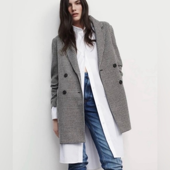 Zara Houndstooth Plaid Black and White Double Breasted Classic Fit Jacket Coat - Picture 4 of 13